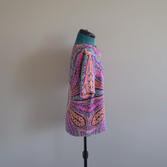 100% Silk Brightly Coloured Patterned Short Sleeve Summer Blouse - Picture 4 of 8